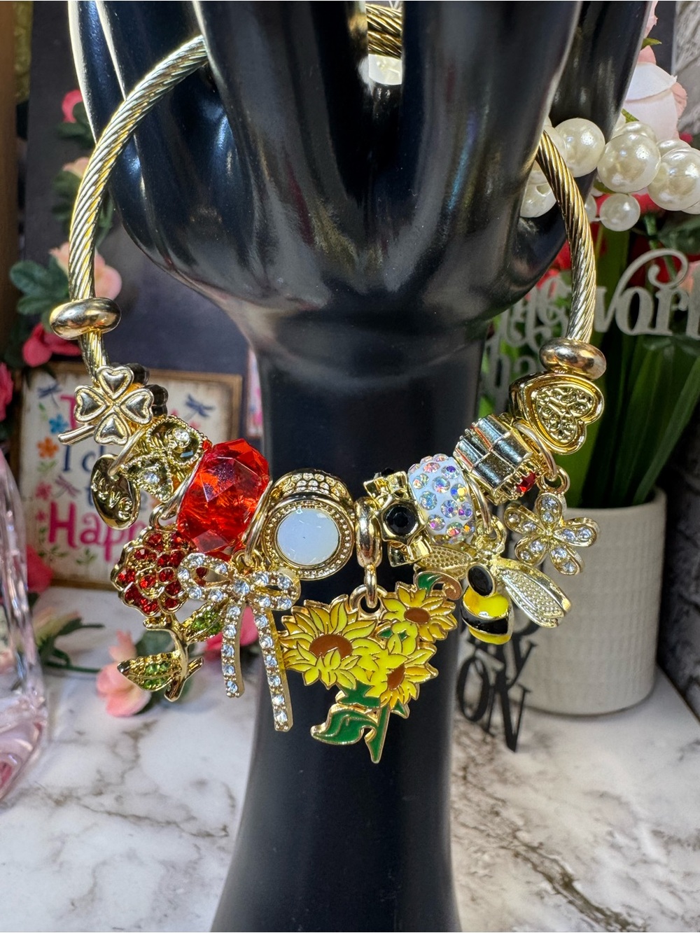 Gold-Tone Sunflower Charm Bracelet with Red & Yellow Accents